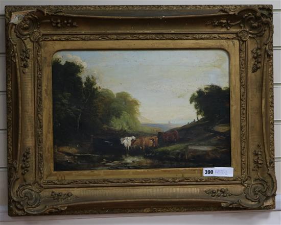 19th century English School, oil on canvas, Cattle watering, 32 x 47cm